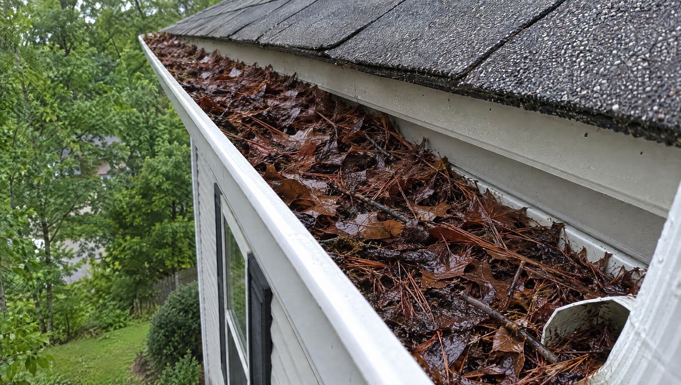 Rain gutter along a roofline — before