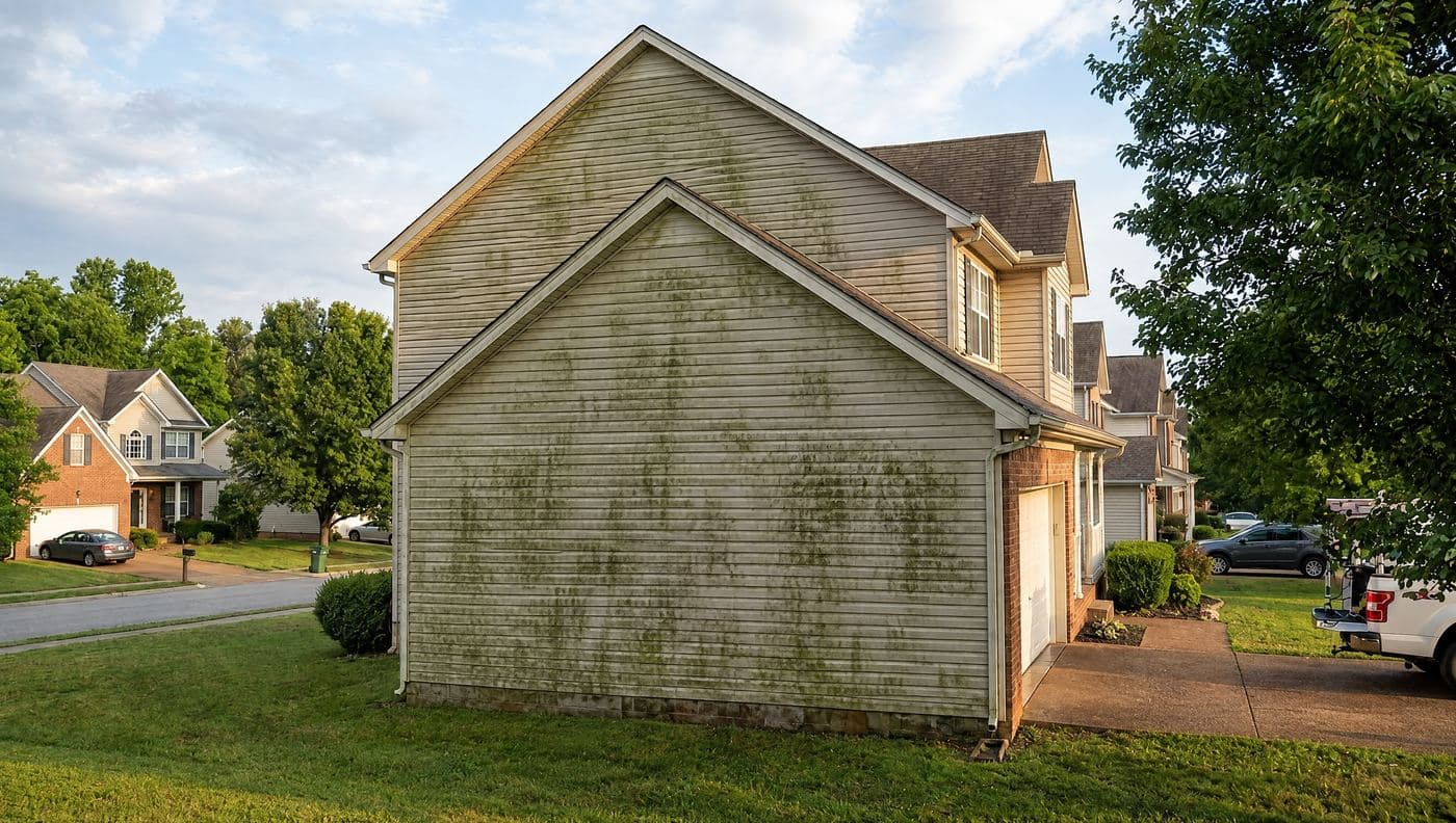 Side wall of a two-story home's vinyl siding — before