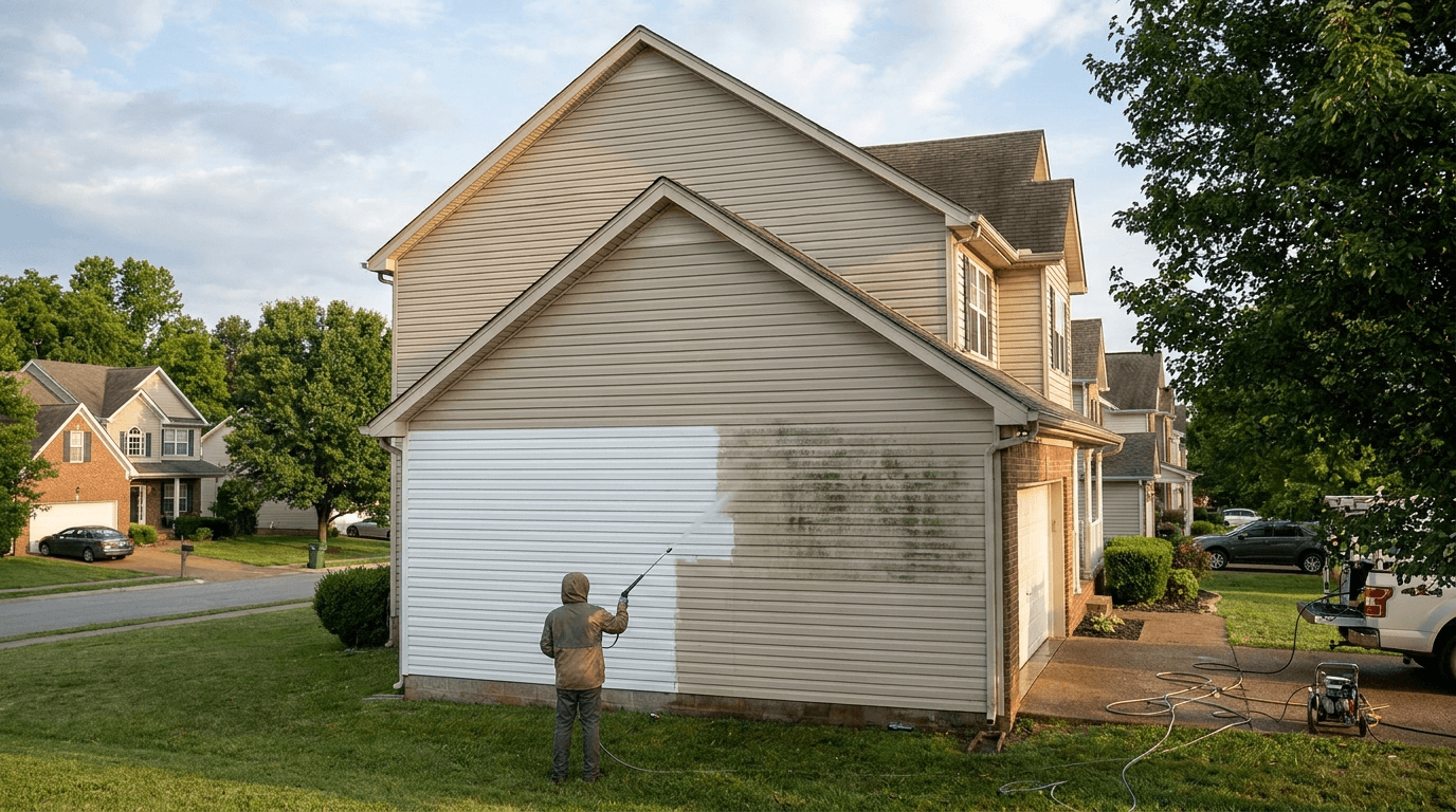 Two-story home siding during soft wash — clean bright section beside algae-dulled section