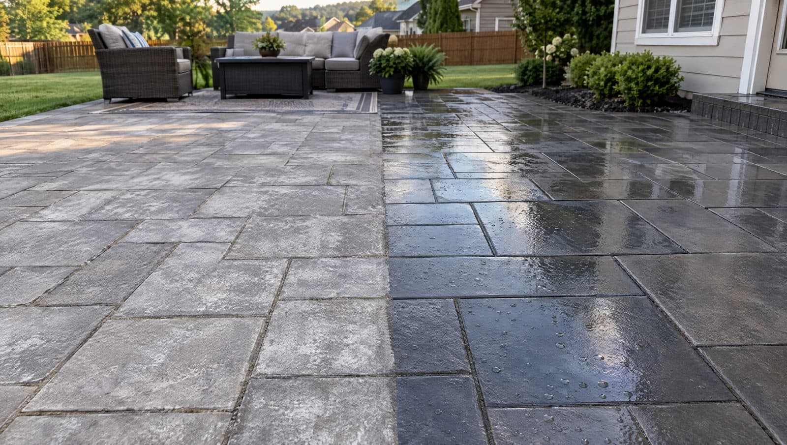 Paver patio split down the middle — one half dull and faded, the other freshly sealed with rich color and a satin sheen