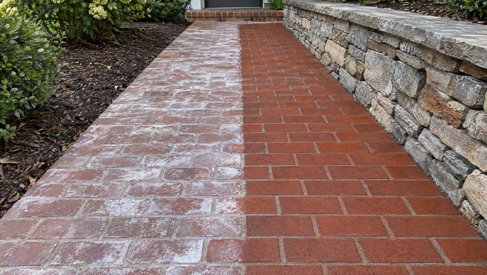 Red brick paver walkway — left half covered in white chalky efflorescence, right half cleaned back to deep natural red