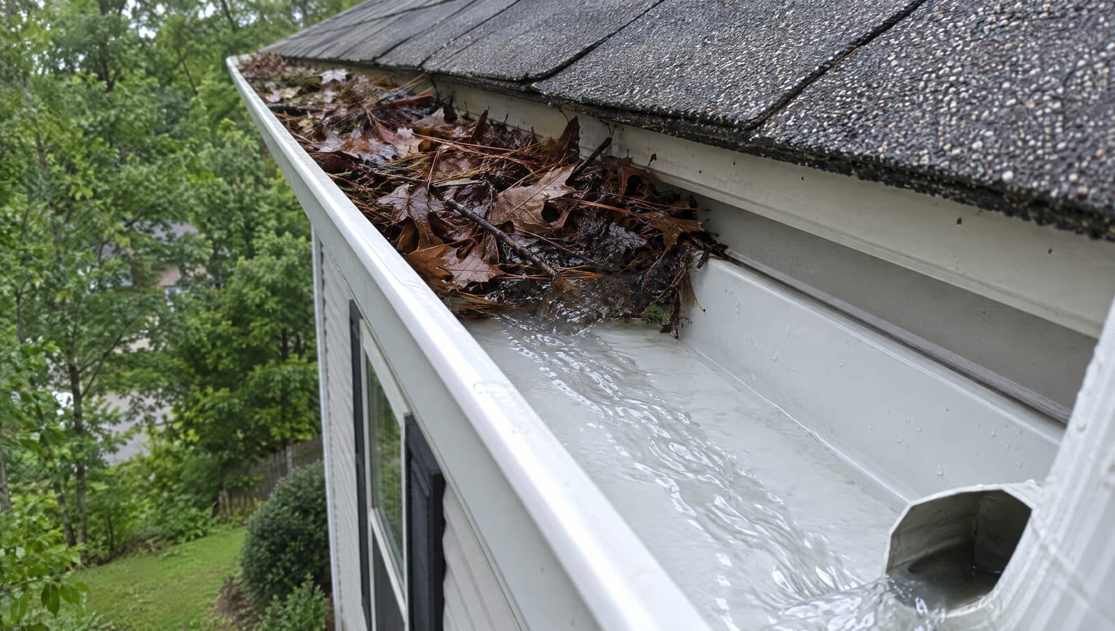 Gutter run half packed with wet leaves and debris, half cleaned out with clear water flushing toward the downspout