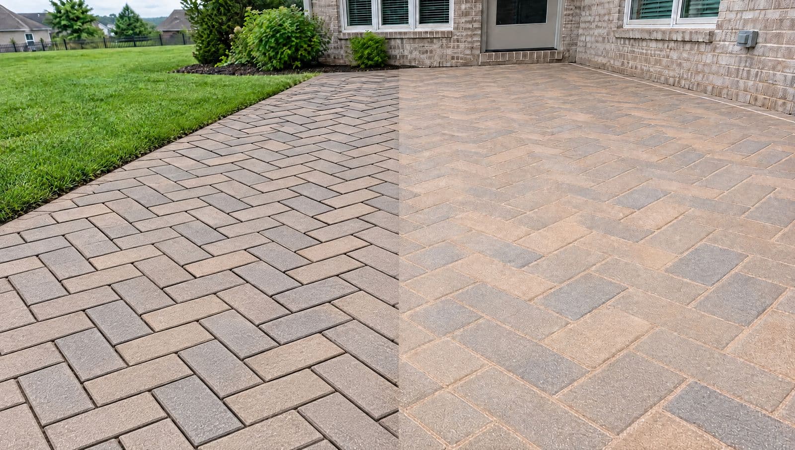 Freshly cleaned herringbone paver patio — left half with empty joints, right half with joints filled flush with polymeric sand