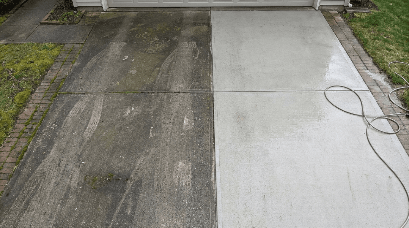Retail storefront sidewalk being pressure washed, clean stripe against grimy concrete (photo needed)