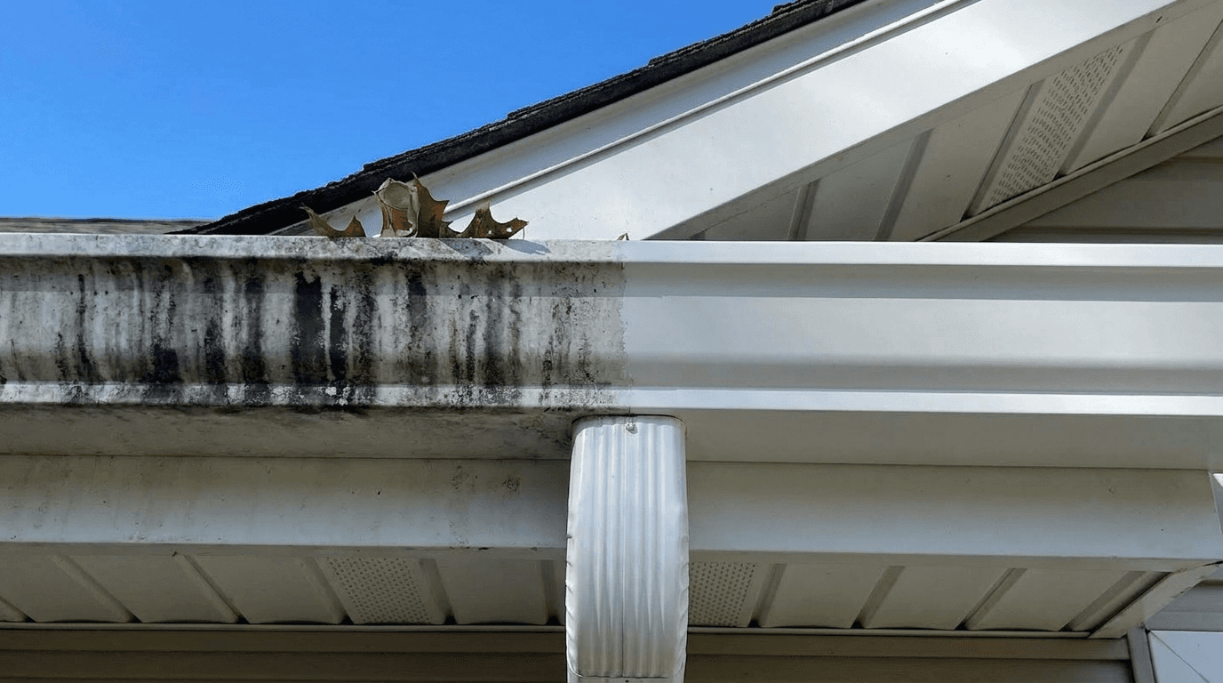 Close-up of a gutter run, one section streaked with black oxidation and the other brightened white